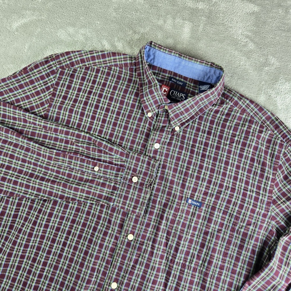Chaps Shirt Men XXL Burgundy Checkered Long Sleeve Casual Career Workwear Office